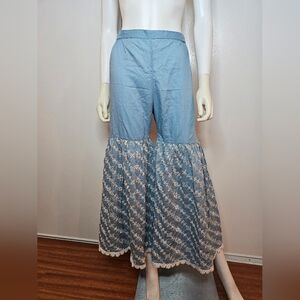 Mul Mul Blue and White Lace Flare Pants Size XS Made In India 100% Cotton